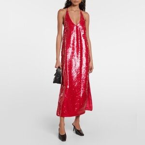 NEW Ganni Women's Red Sequined Satin Dress